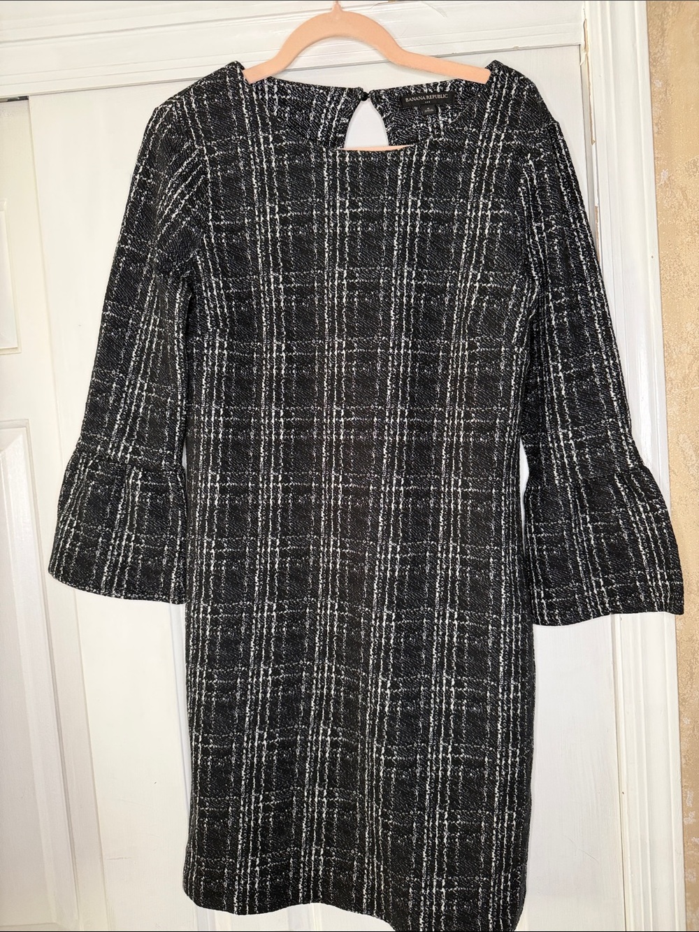 Banana Republic Black & White Plaid Midi Dress with Bell Sleeves
